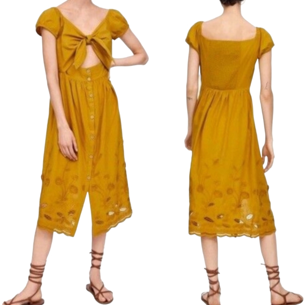 Zara Midi Dress Size Small Mustard Yellow Smocked Embroidered Eyelet Detail